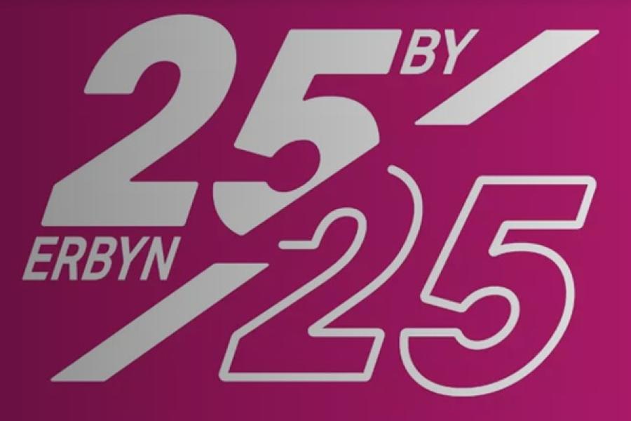 A pink background showing white text saying 25 by 25