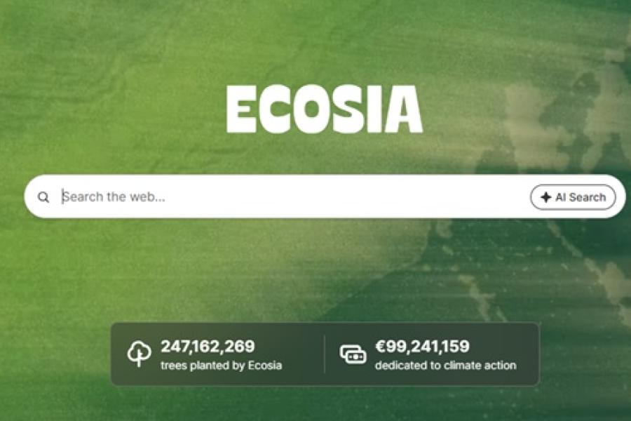 Image is of the landing page for Ecosia. Showing a green background, white text saying Ecosia, a search bar and information on number of trees planted and funds for climate action.