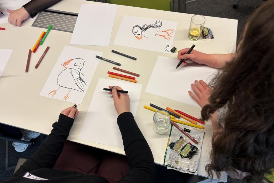 Art & Science Creative Workshop, children sketching Puffins
