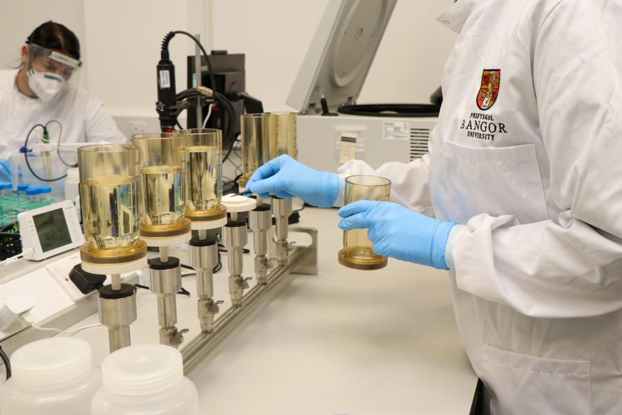 Two scientists in white coats examining water samples in a lab 