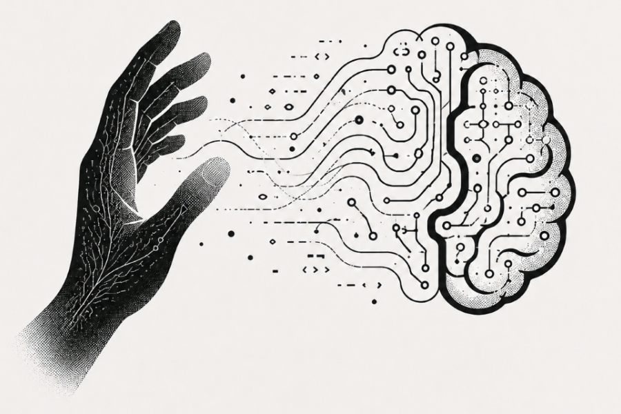 An image of a hand and a depiction of the human brain