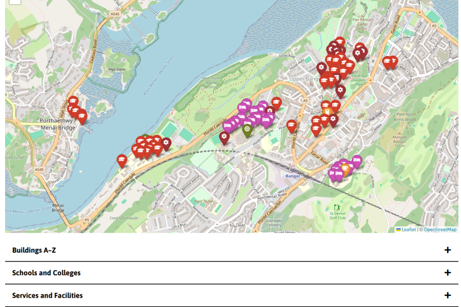 Interactive map of Bangor University’s campus, showing university buildings, services, facilities, and student accommodation across Bangor and Menai Bridge.