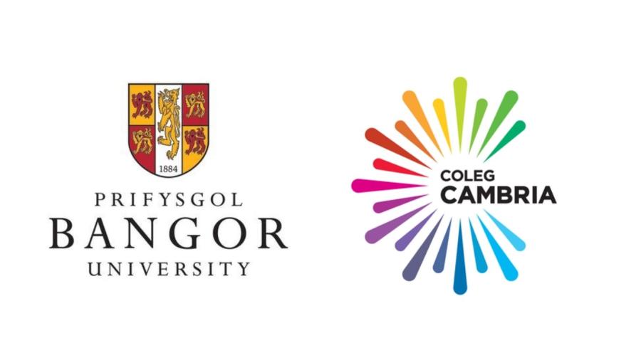  Logos ar gyfer Prifysgol Bangor a Choleg Cambria.