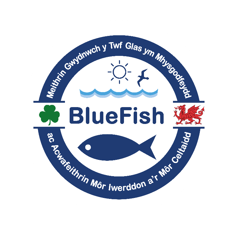 Bluefish Logo'r project gyda'r geiriad Meithrin Gwydnwch y Twf Glas ym Mhysgodfeydd ac Acwafeithrin môr Iwerddon a'r Môr celtaidd a llun tonau'r mor a physgodyn, meillionen a ddraig goch.