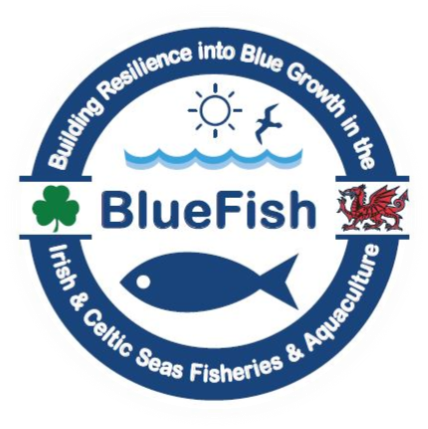 Logo with image of waves and a fish includes a clover and red dragon and the words Building Resiliance Into Blue Growth in the Irish & Celtic Seas Fisheries & Aquaculture