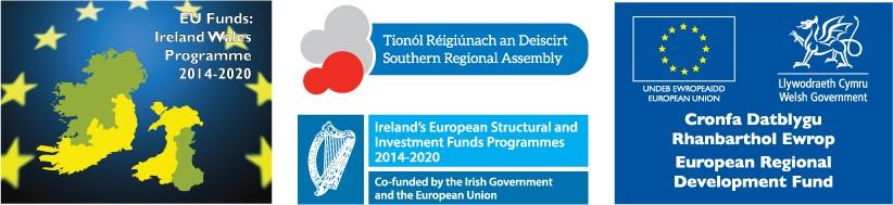  thre logos for the sponsoring  bodies EU Ireland wales programme,, Irelands' structural Funds programme and wales' European Regional Development Programme