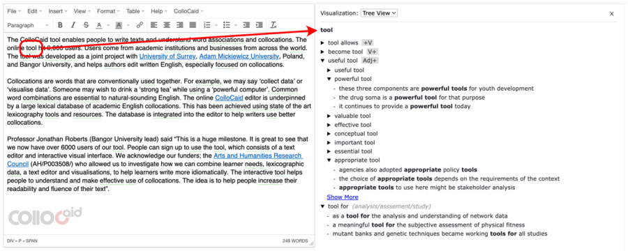 Screenshot of the ColloCaid Editor, with an annotated line showing how words in the text relate to the associated visualisations once selected