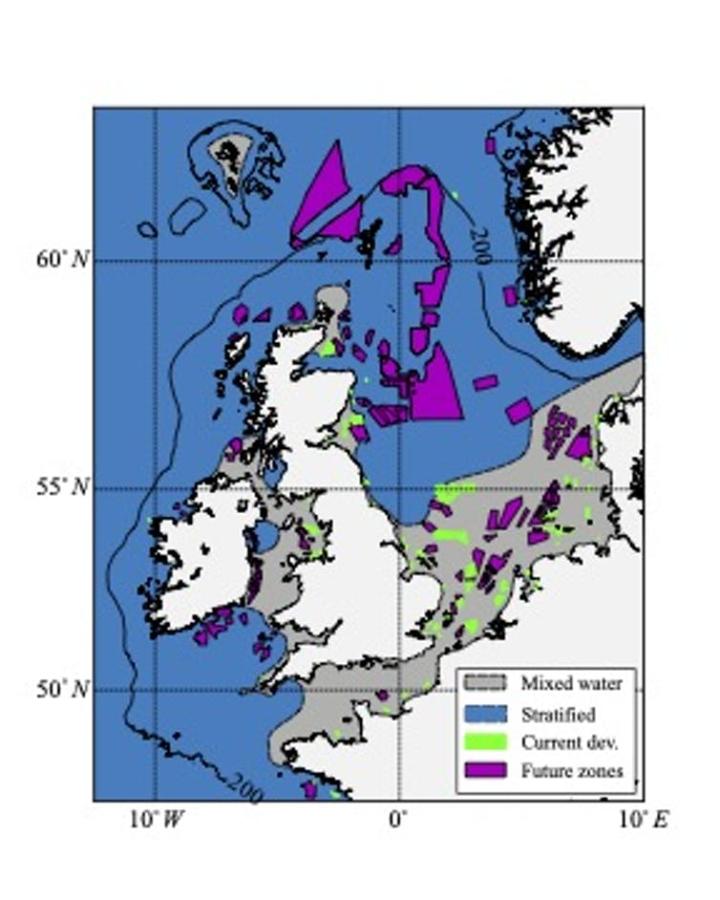 Map showing wind turbines around coast