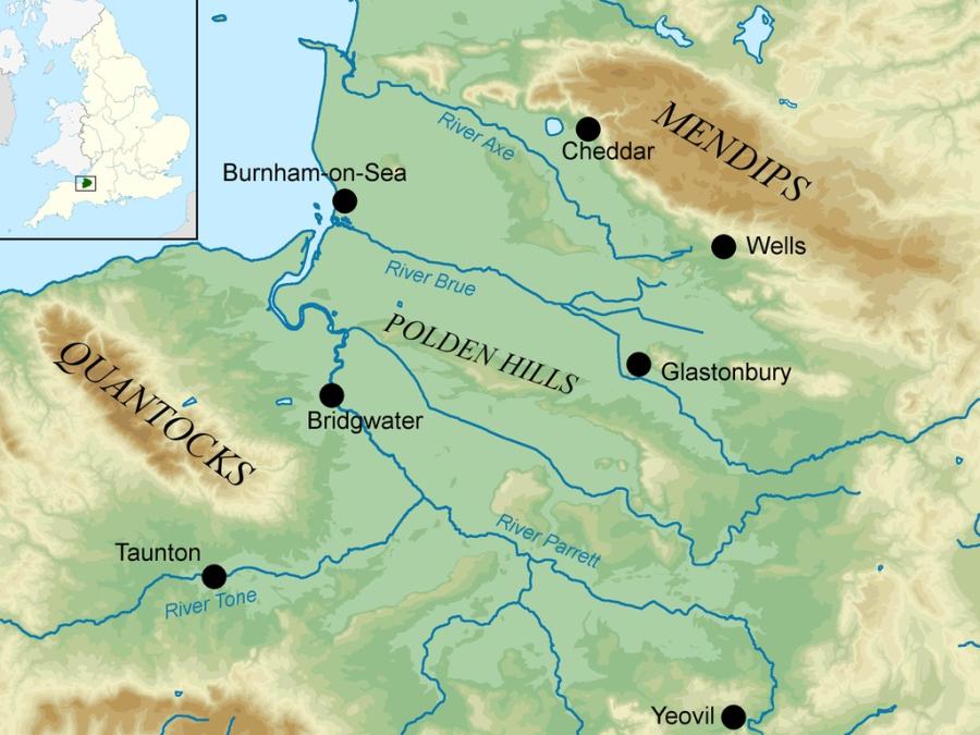 Map of Somerset Levels (coastal plain) and Moors (inland floodplain). 