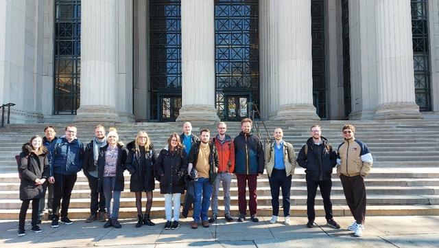 group of people outside a building