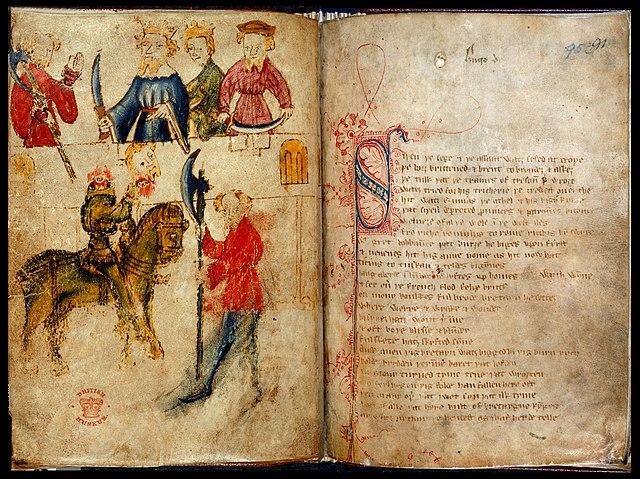 Medieval manuscript featuring a headless knight, Sir Gawain, and Arthur's court. 