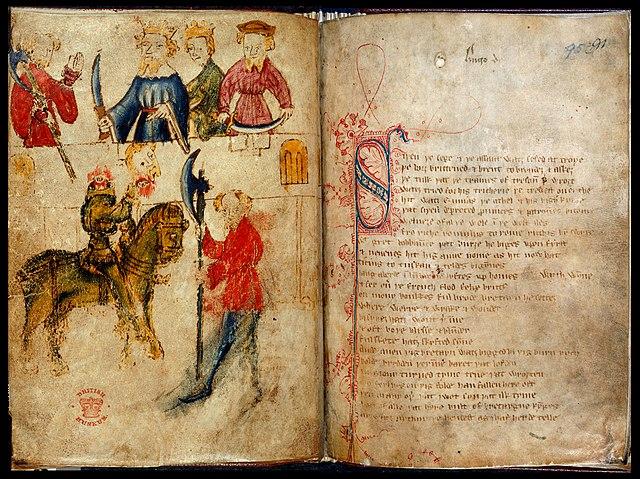 Medieval manuscript featuring a headless knight, Sir Gawain, and Arthur's court.