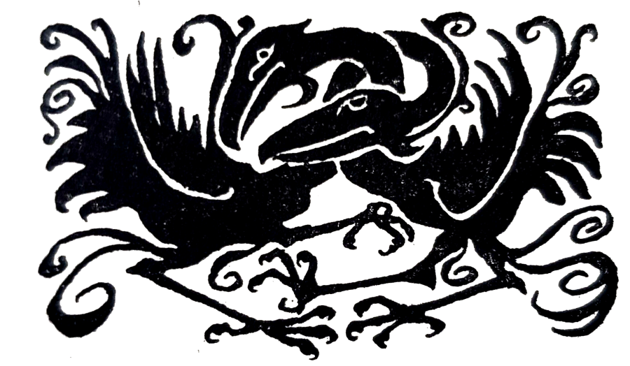 Black inked image of two birds intertwined