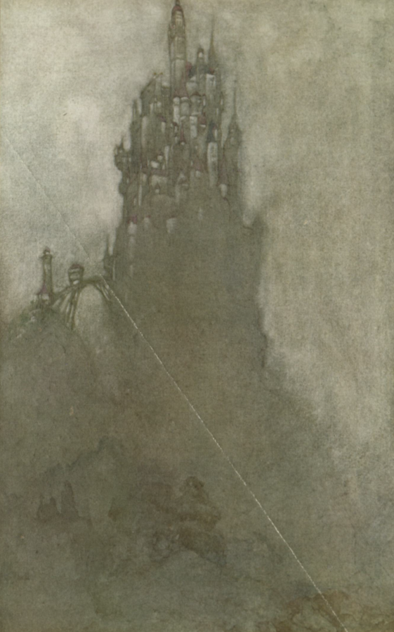 Dark castle in the distance in Parsifal