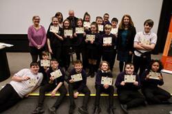 Prof Raluca Radulescu and children from Arthurian Quest day group picture