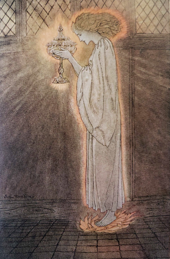 Image of Galahad in white tunic and the Holy Grail