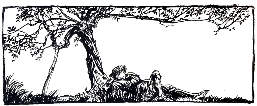 Black inked image of knight sleeping beneath tree