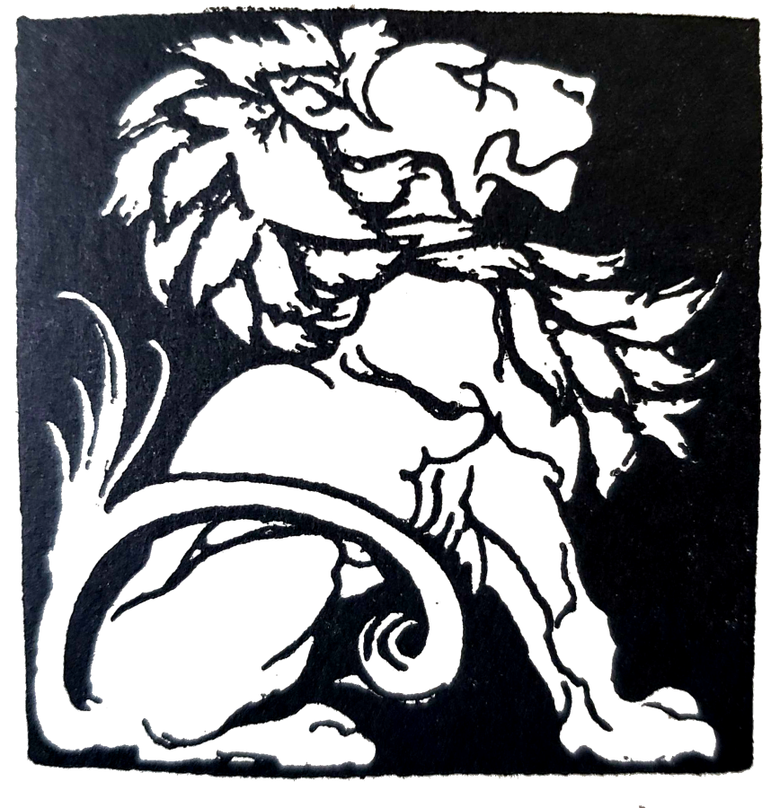 Black ink image of lion sitting
