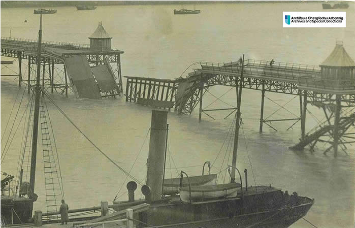 Photo of a badly damaged Bangor Pier