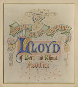 Photo of images taken from an illuminated coming of age album, presented to Edward Owen Vaughan Lloyd of Berth (Merionethshire) and Rhagatt (Denbighshire) in 1878.