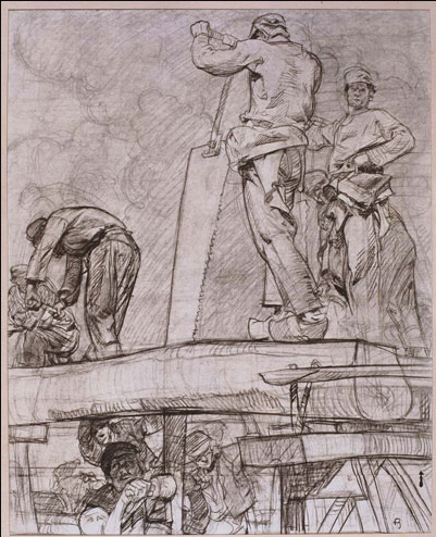 One of Frank Brangwyn's artistic works depicting men at work in a sawmill