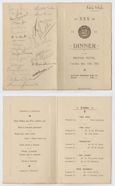 Photo of a Christmas dinner menu, held on Tuesday evening, 12 December 1922 at the British Hotel, Bangor