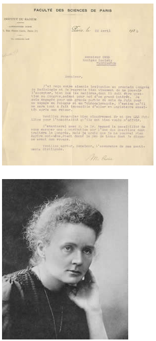 Photo of Marie Curie and a letter signed by her