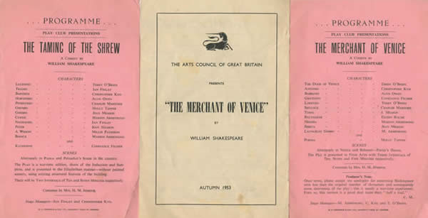 Photo of 3 programmes of Shakesperean productions, staged in the 1940's and 1950's, belong to the Alun Owen Papers.