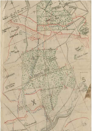 Photo image of an original 1916 map of Mametz Wood with notes on the terrain and enemy locations. 