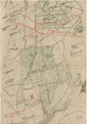 Photo image of an original 1916 map of Mametz Wood with notes on the terrain and enemy locations.