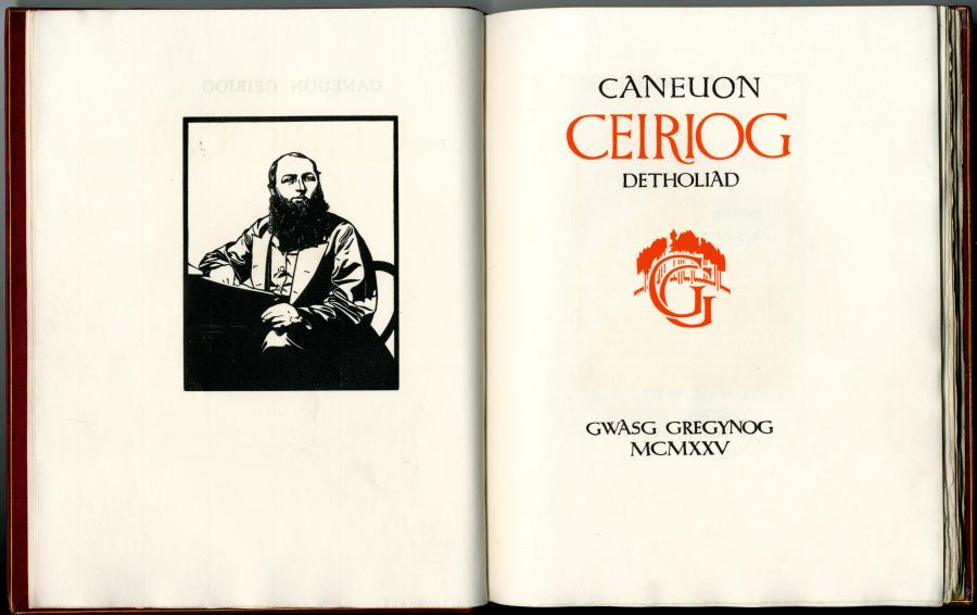 Photo of pages from a Gregynog press book called 'Caneuon Ceiriog'