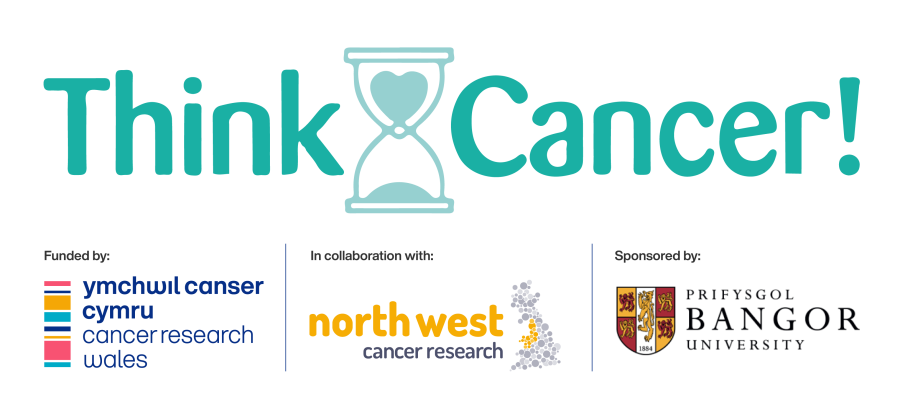 Imag of think Cancer logo. Funded by Cancer Research Wales. In collaboration with North West Cancer Research. Sponsoered by Bangor University