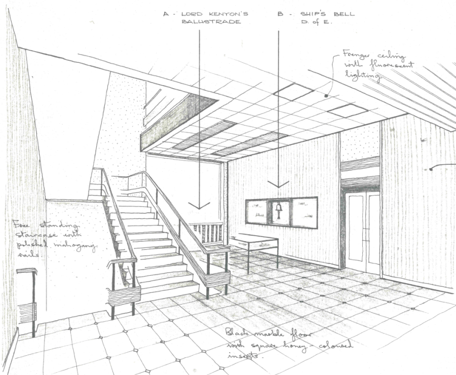 An architects drawing of the future Library foyer