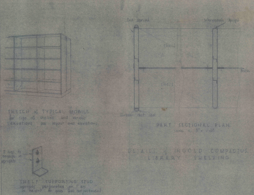 Manufacturer drawings of the shelving units installed in the library and archives