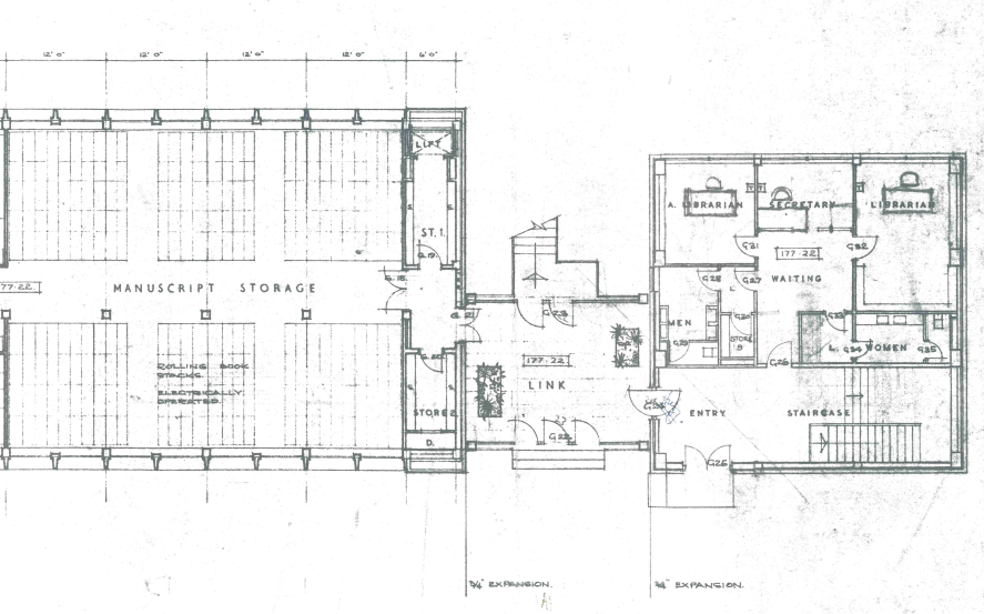An architect's plan of the library building denoting office space and shelving