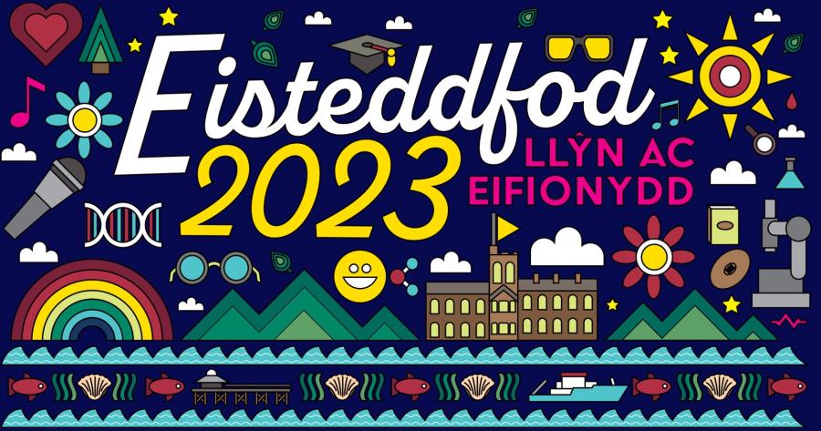 A colourful Eisteddfod 2023 banner which displays University symbols