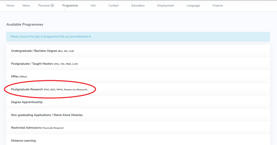 A screenshot showing which button to select when making an application for postgraduate research