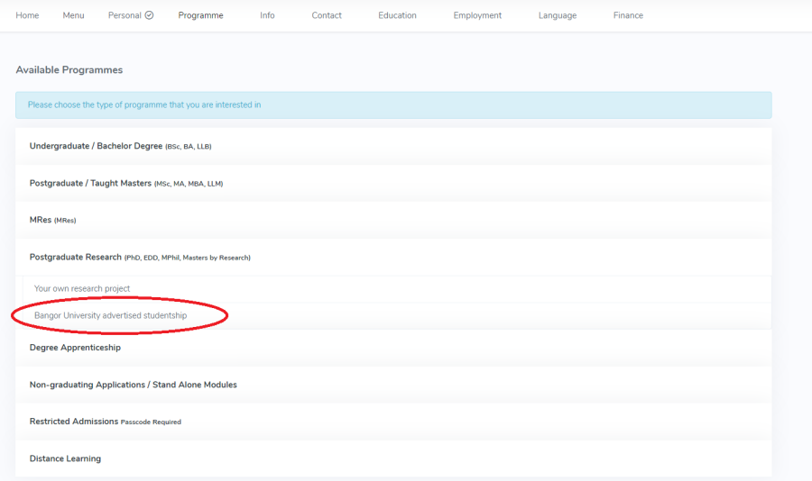 A screenshot showing which button to select when making an application for a Bangor University advertised studentship
