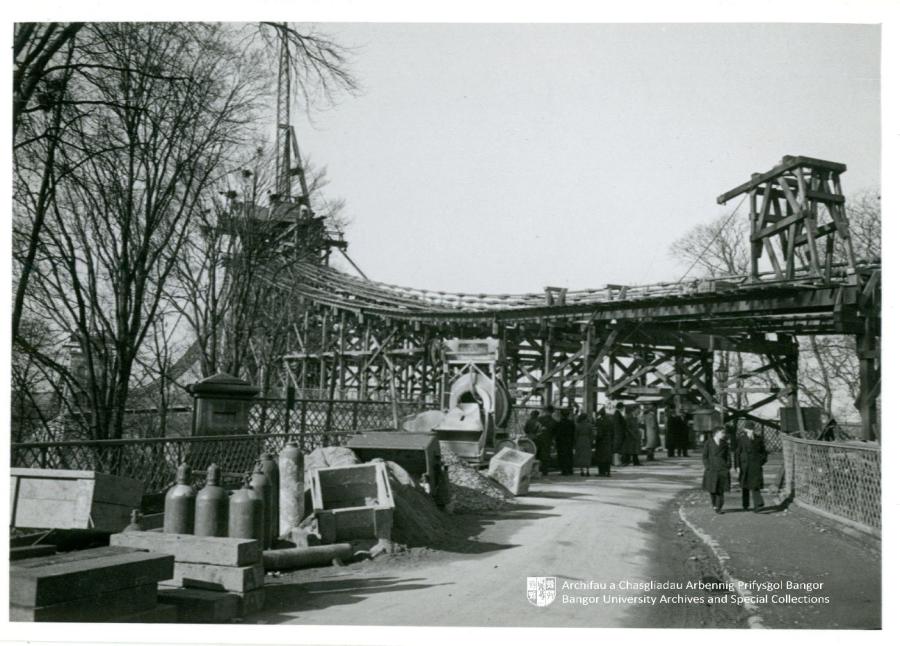 early photo of reconstruction work on the menai bridge