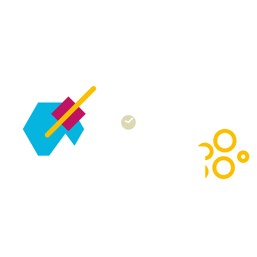 Logo with the shape of mountains, Bangor clock tower and various colourful patterns