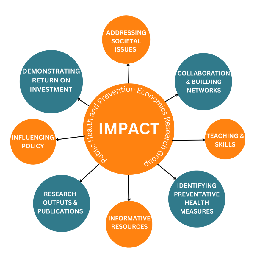 This is a spider graph demonstrating our impact. It is formed of eight circles coloured in orange and blue. They are research outputs and publications, influencing policy, teaching and skills, informative resources, identifying preventative health measures, demonstrating return on investment, addressing societal issues, and collaboration and building networks.
