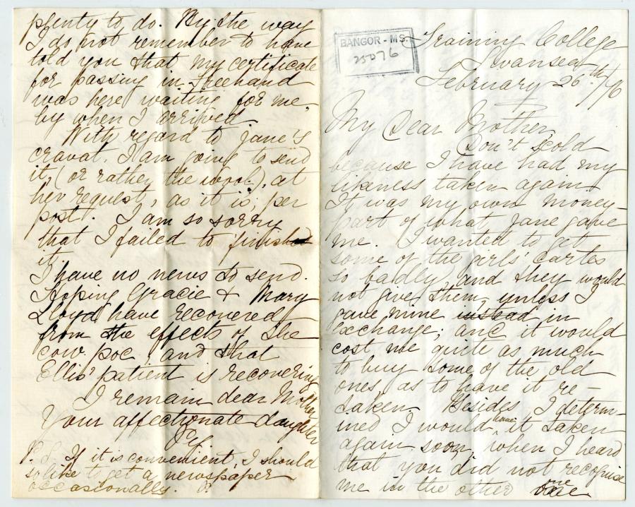 letter from 1876, Margaret Anne Ellis while she was away at Swansea Training College