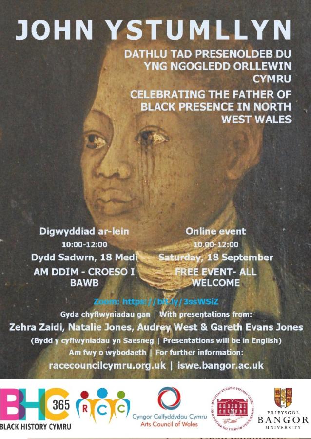 Poster for an event called 'John Ystumllyn: Celebrating the Father of Black Presence in North West Wales'.