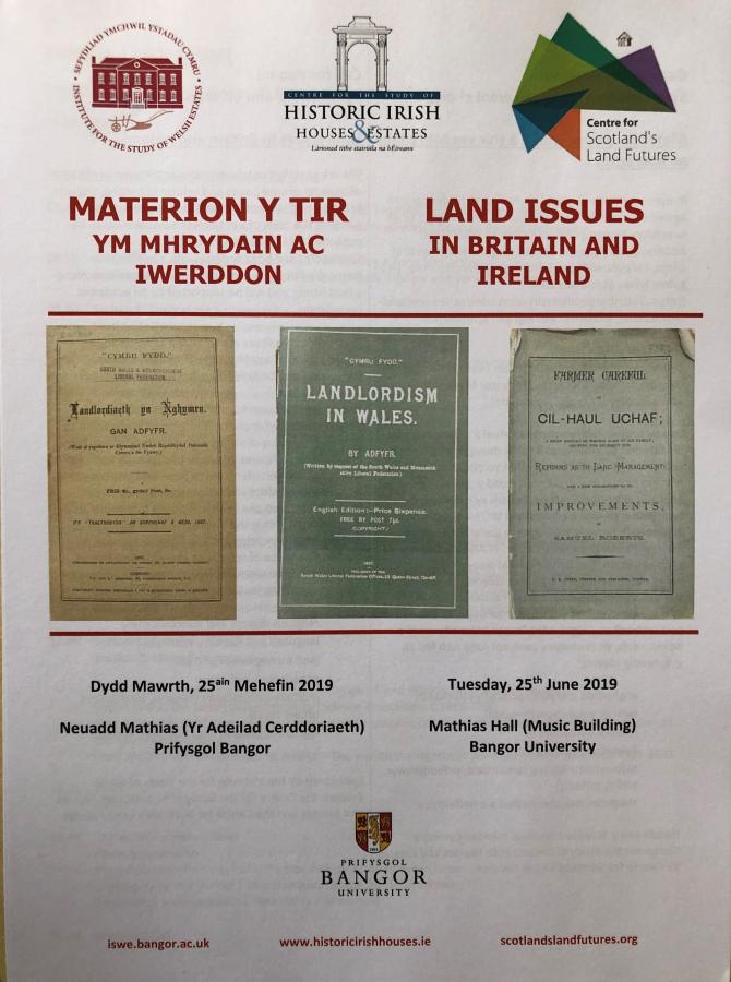 Poster am ddigwyddiad o'r enw 'Materion y Tir ym Mhrydain ac Iwerddon'.