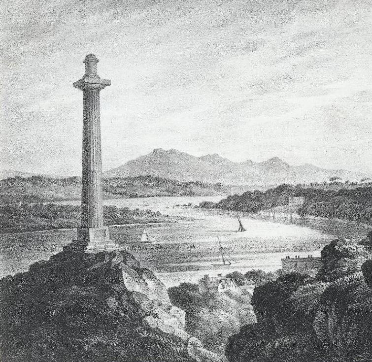 Illustration of the Anglesey Column with the Menai Straight in the Background