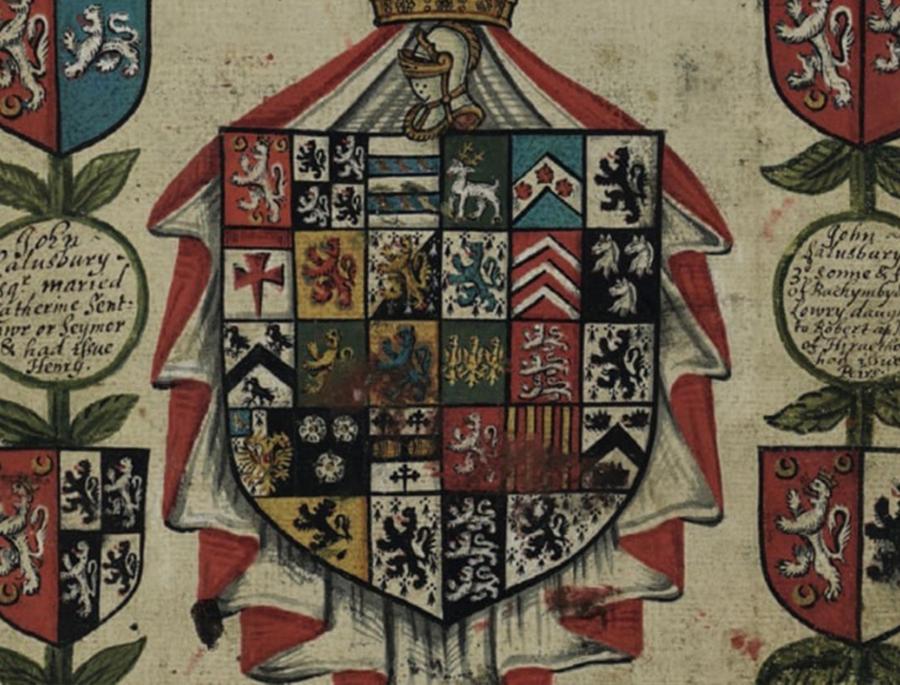 Colourful shield-of-arms of the Salesbury family of Rhug and Bachymbyd, with many quarterings.