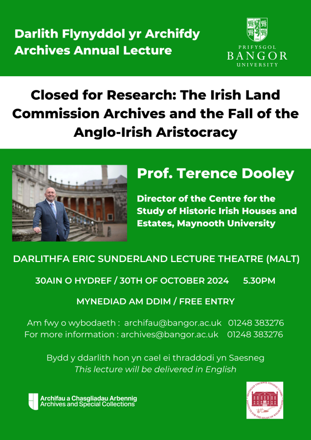 poster yn hyrwyddo Darlith Flynyddol yr archifau, gyda'r holl wybodaeth angenrheidiol, ar gefndir gwyrdd