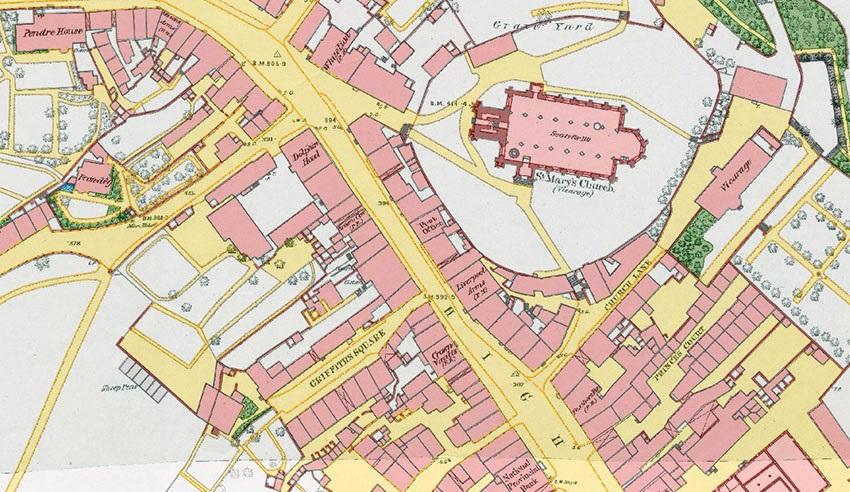 An historic map with a church at its centre.