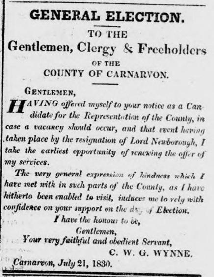 Hysbysiad papur newydd o 1830