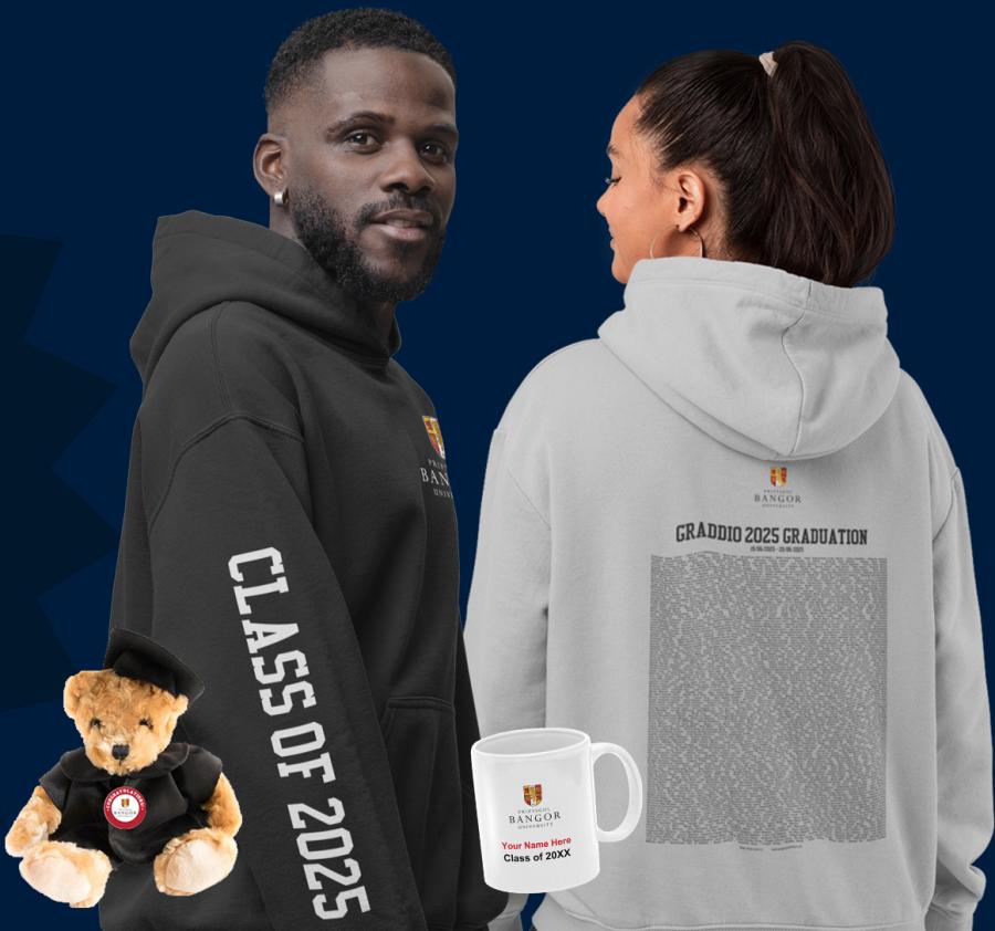 Image of two graduates wearing a class of 2025 hoodie, with an image of a teddy and a mug